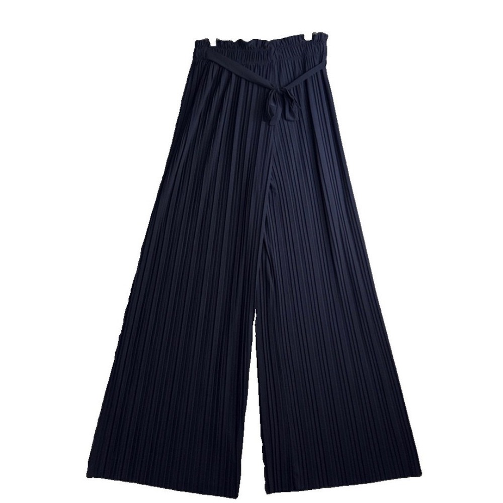 Wide Leg Pants Womens 26" Wasit Navy Blue Pleated Paperbag Waist Flowy Trousers